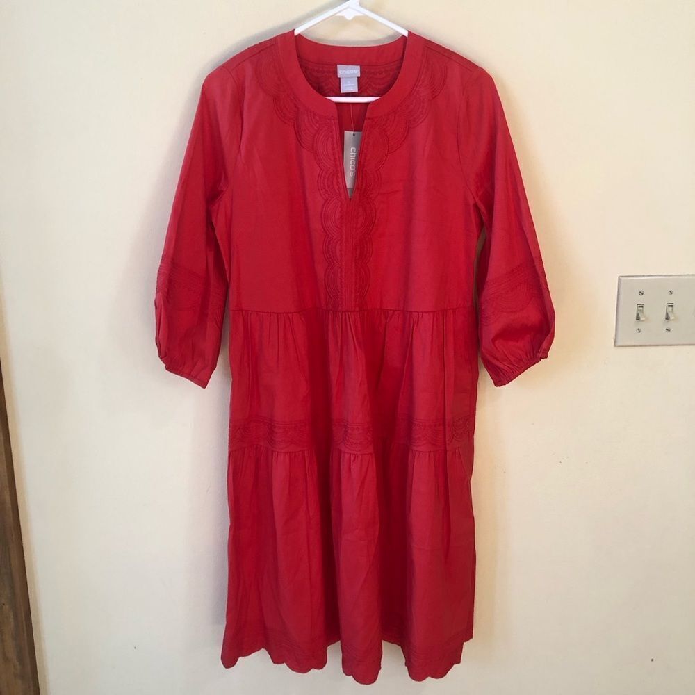 Chico’s Tiered Embroidered Dress in Flame Scarlet